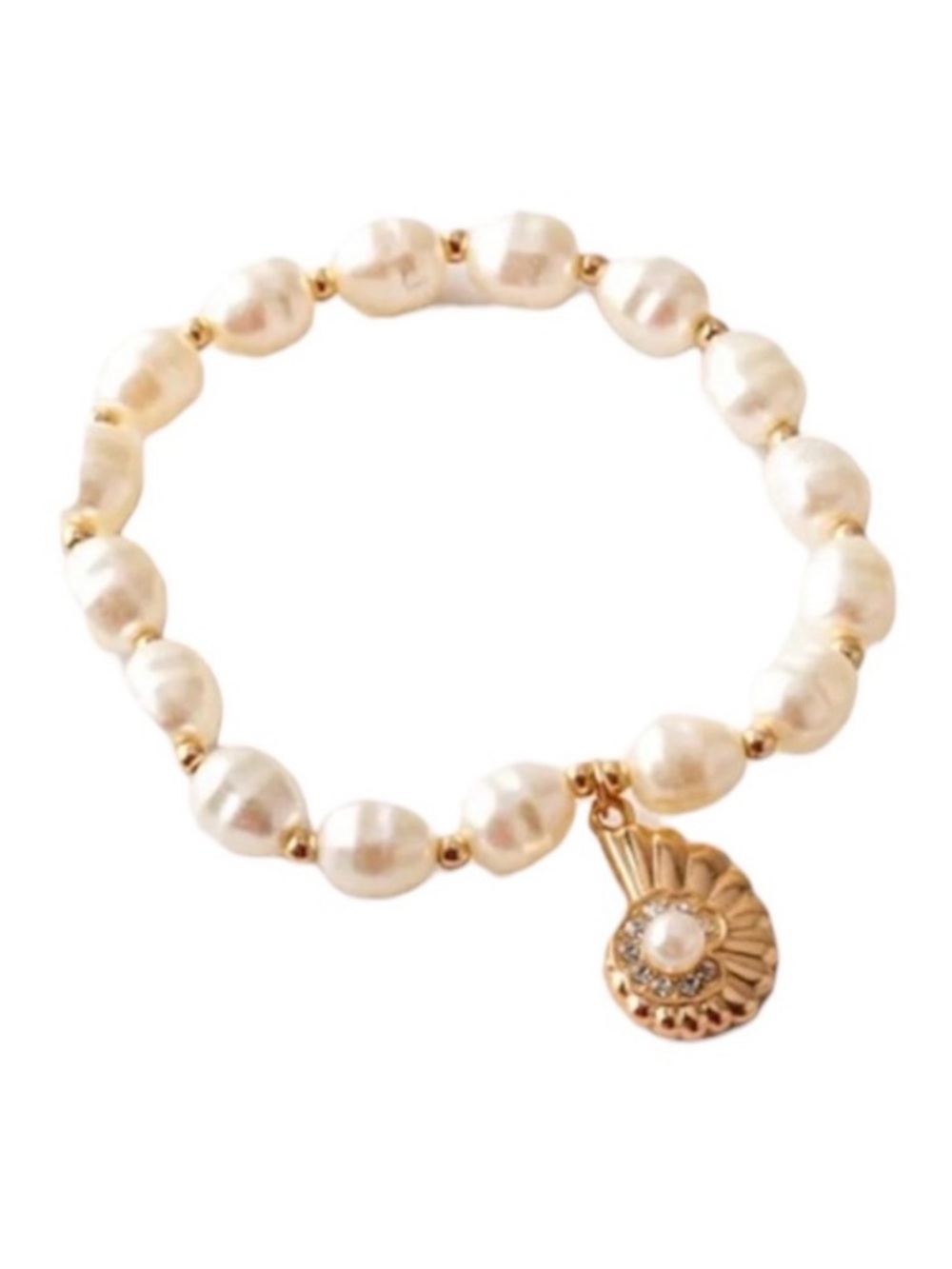 Gold Seashell Charm and Pearl Stretch Bracelet